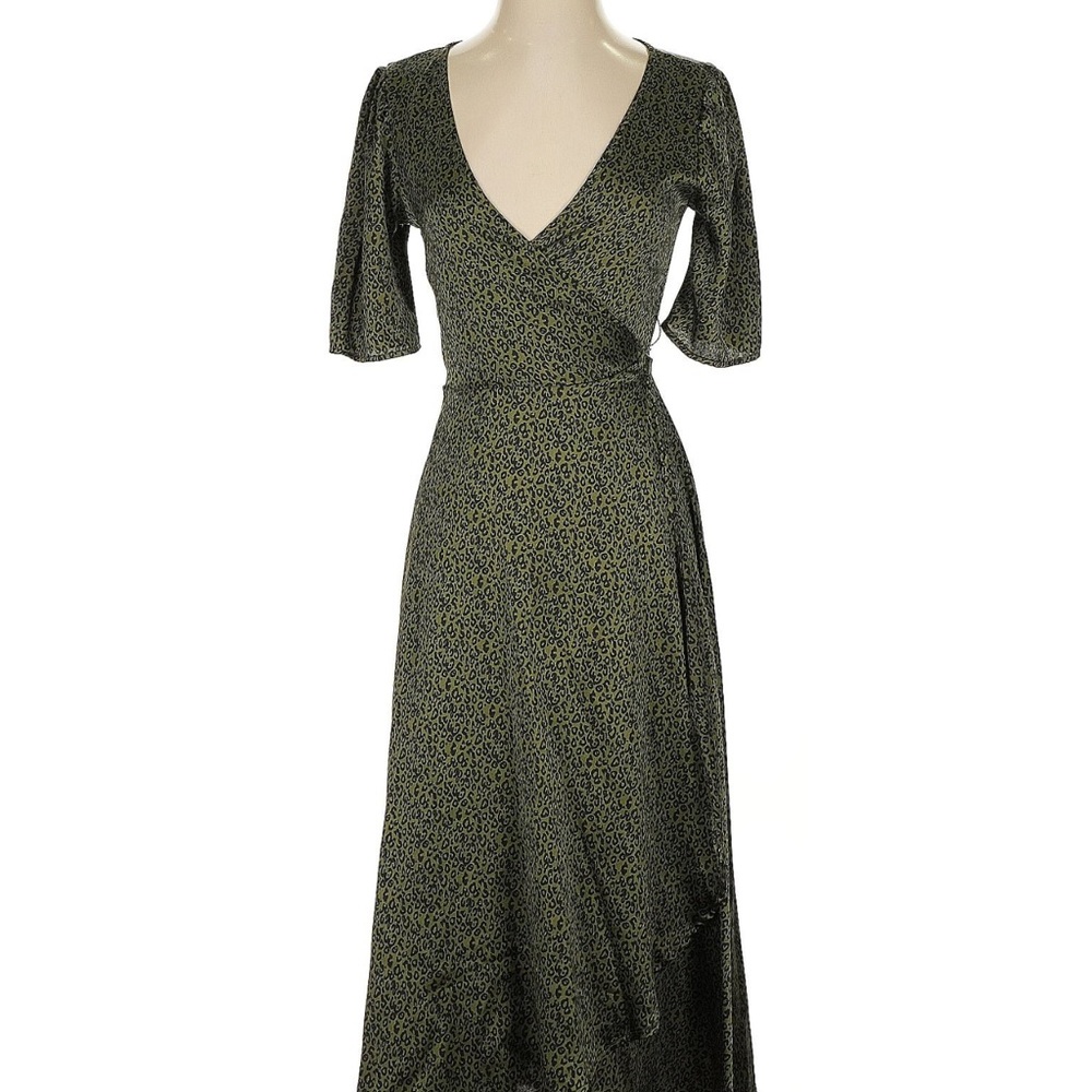 B Collection by Bobeau Curvy Lumi Leopard Print Green/Black Midi Wrap Dress